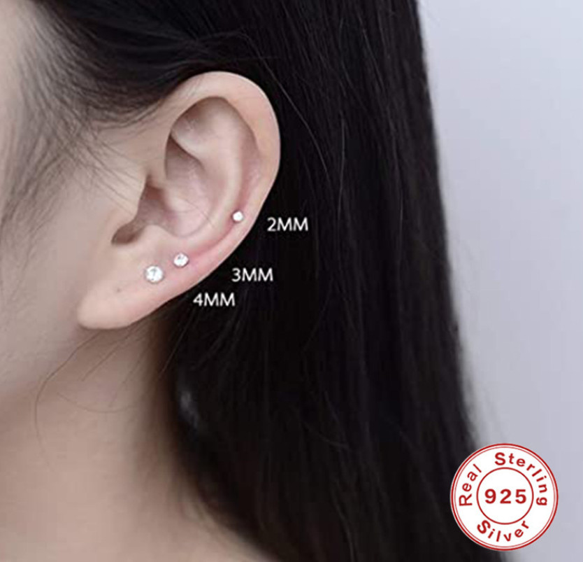 Solid 925 Sterling Silver Round Cubic Zirconia Clear CZ Stud Earrings 2-8mm