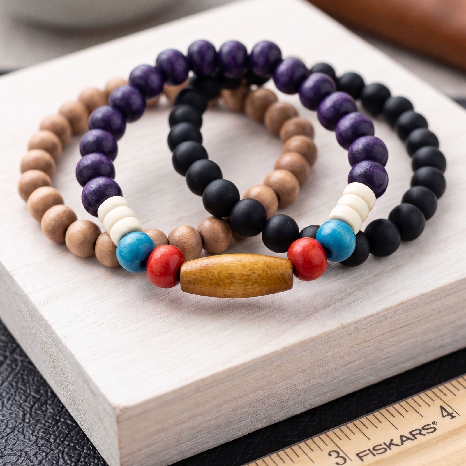 Boho Wood Bead Bracelet Set 3pc Stretch Stack Unisex Men Women Beach Yoga