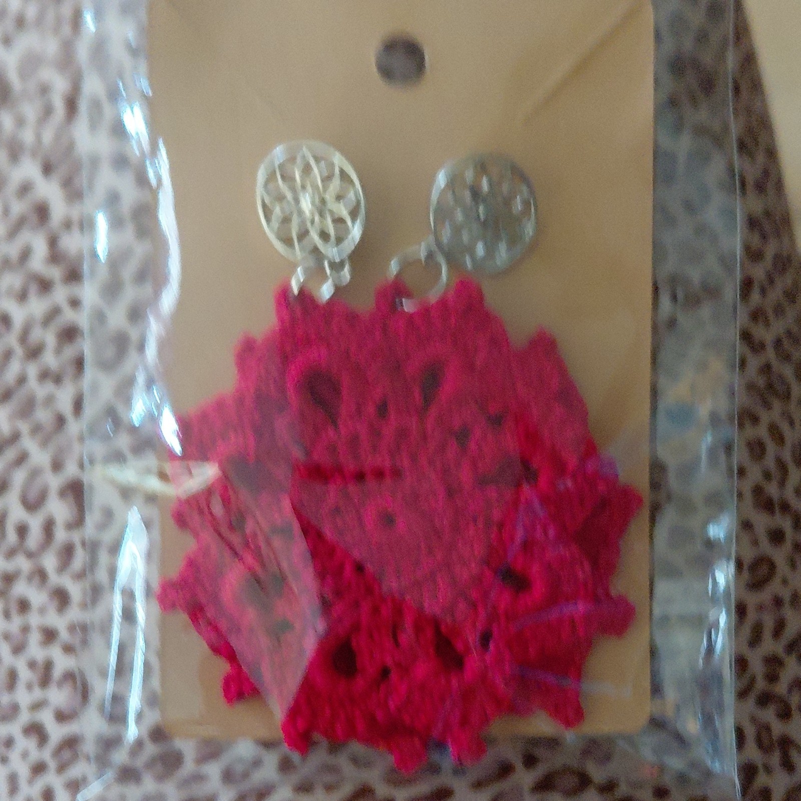 Crochet Cotton Pink Flower Dangle/Drop Earrings Silver Tone Butterfly Back