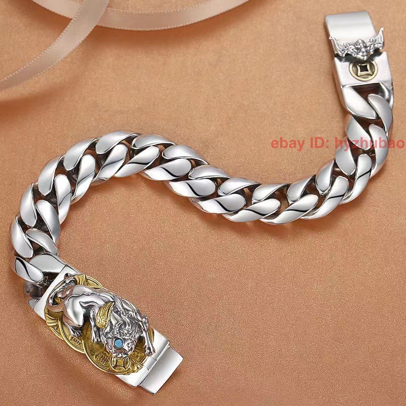 Fashion Solid Brass Silver Plated PiXiu Statue Man Woman Lucky Bangle Bracelet
