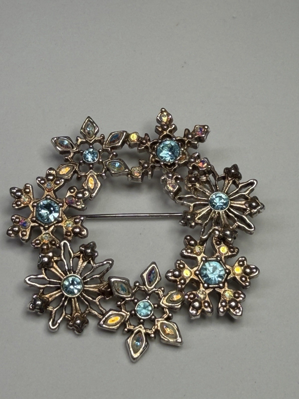 Christopher Radko Vintage Snowflake Wreath Brooch Pin Blue AB Crystals Christmas