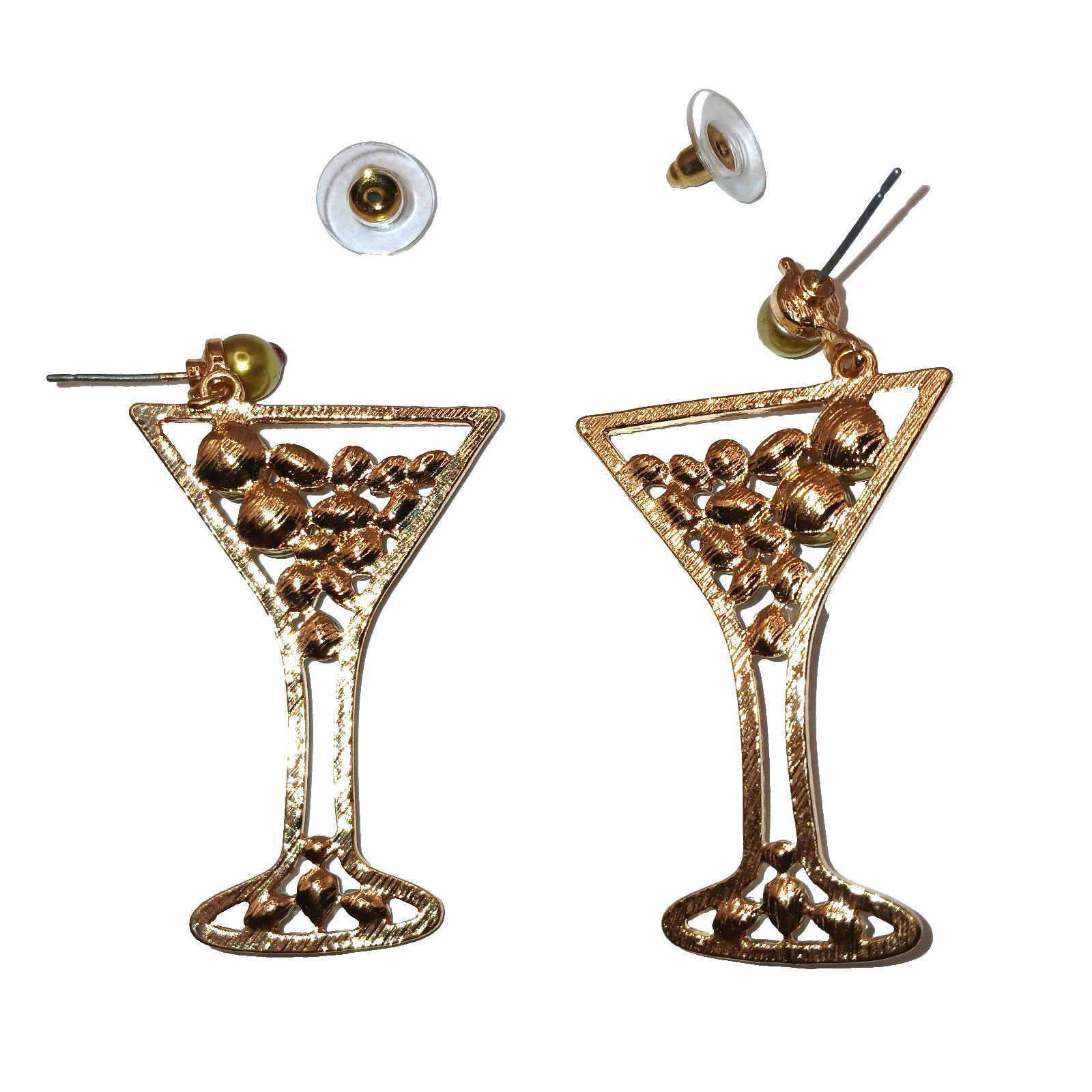 Betsey Johnson Martini Rhinestone & Pearl Pierced Earrings Dangle 2.25 inches