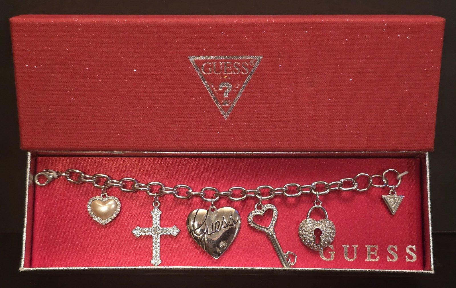 Guess Lock and Key 5 Charm Bracelet New Open Box Silver Colored