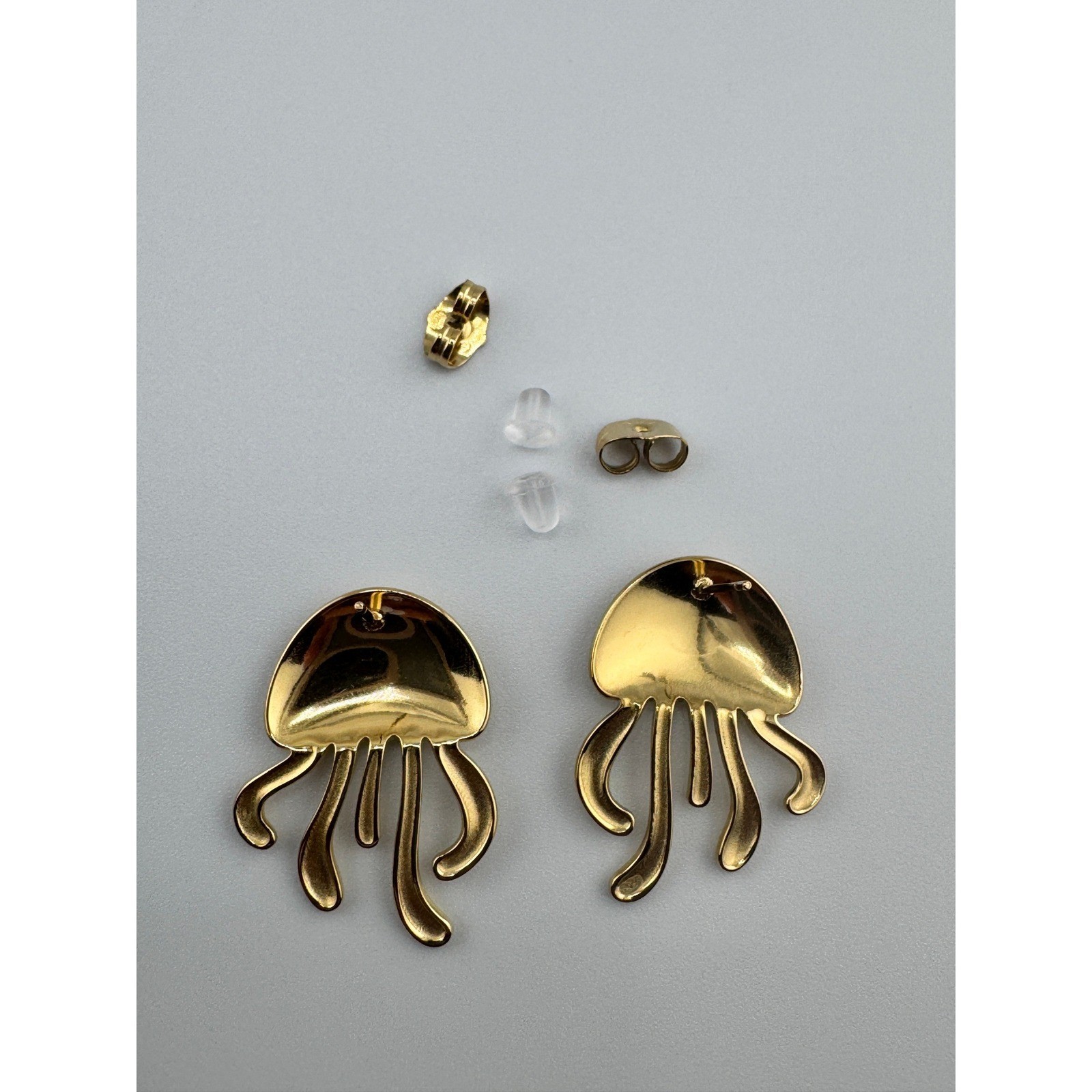 14k Gold Plated Stainless Steel Oversized Jellyfish Stud Earrings Nautical Gold