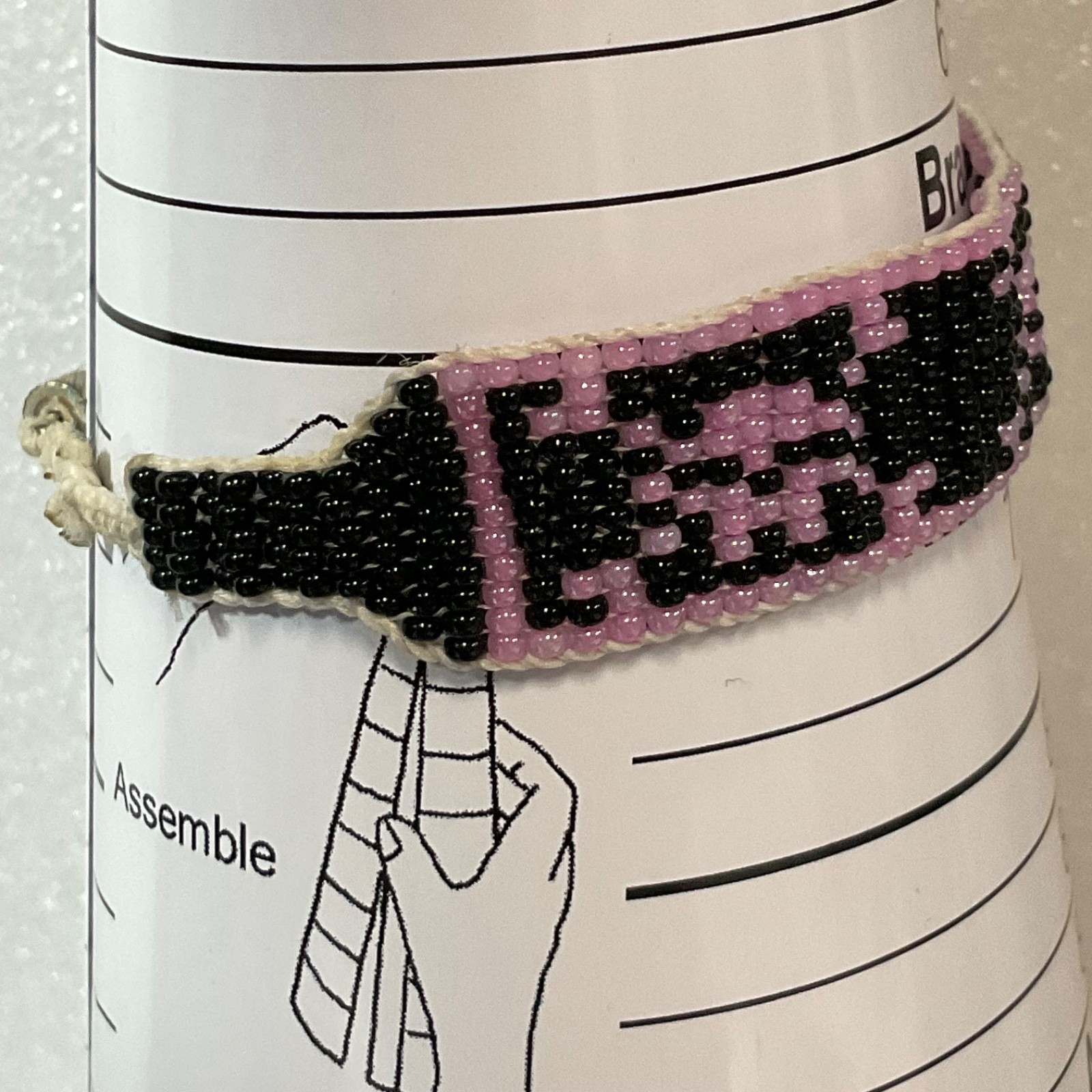 7.25in Beaded Bracelet Black Pink Handmade Tribal Pattern Jewelry
