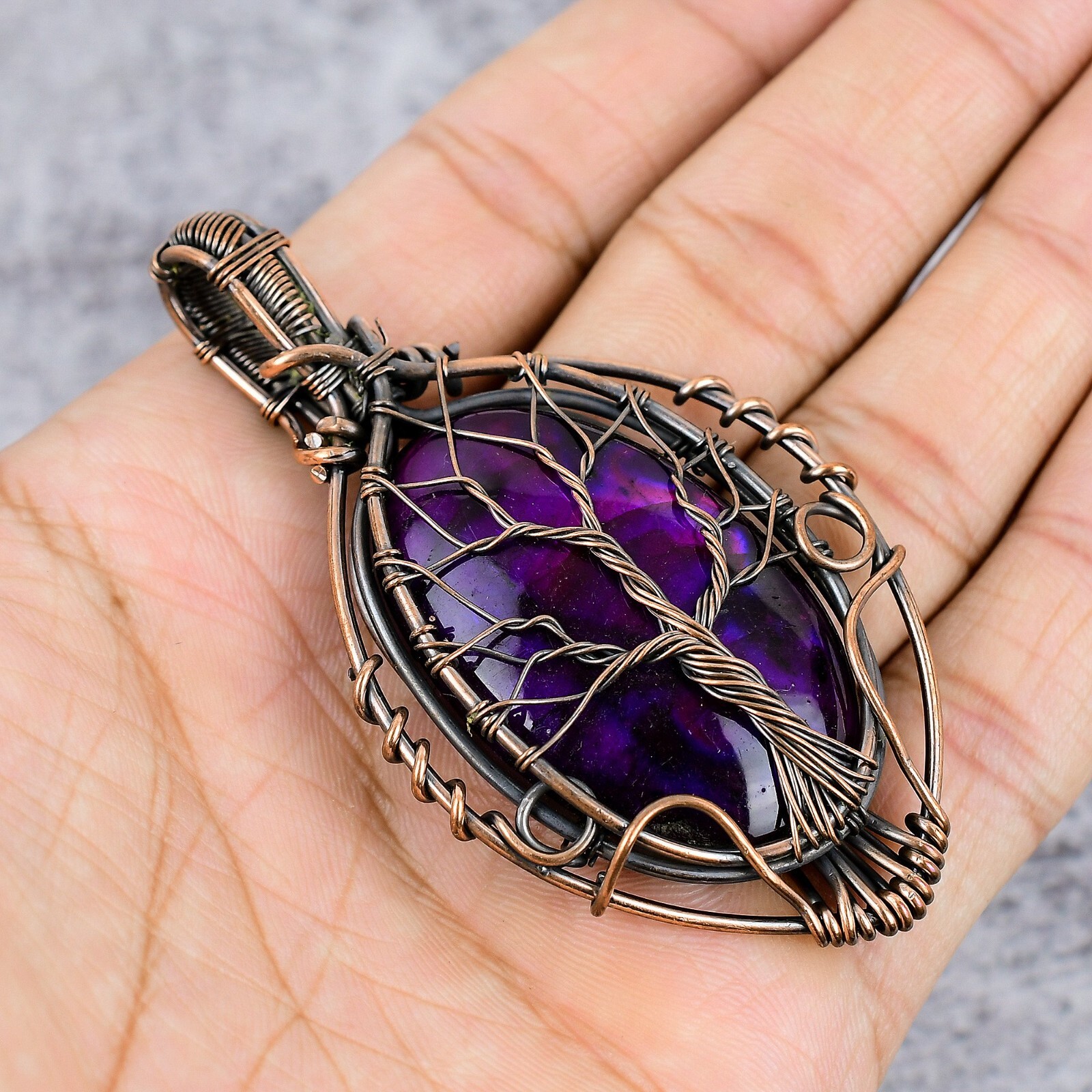 Tree Of Life Multi Fire Labradorite Gemstone Copper Wire Wrap Pendant For Gift