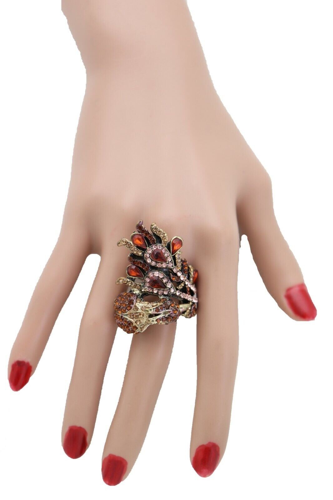 Women Gold Metal Ring Fashion Elastic Band Peacock Brown Feather Wrap Around