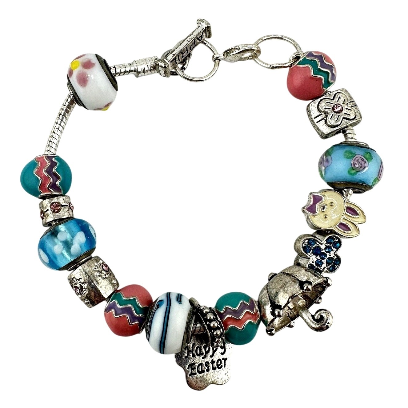 Willabee and Ward April Easter Enamel Eggs Bead Charm Silver Tone 6.75” Bracelet