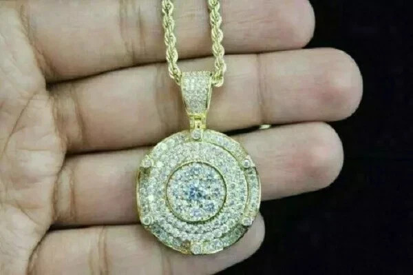 14K Yellow Gold Plated Unisex Medallion Pendant 2 Ct Round Cut Simulated Diamond