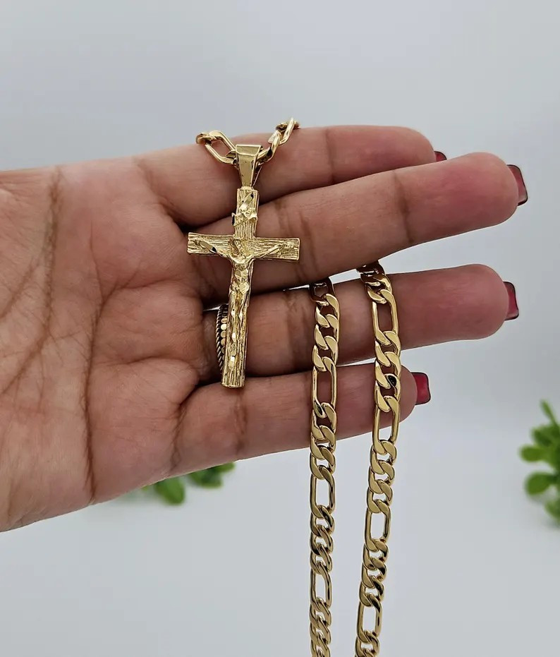 Gold Crucifix Necklace for Men, 6mm Round Figaro Chain, 14K Heavy Plated Gold
