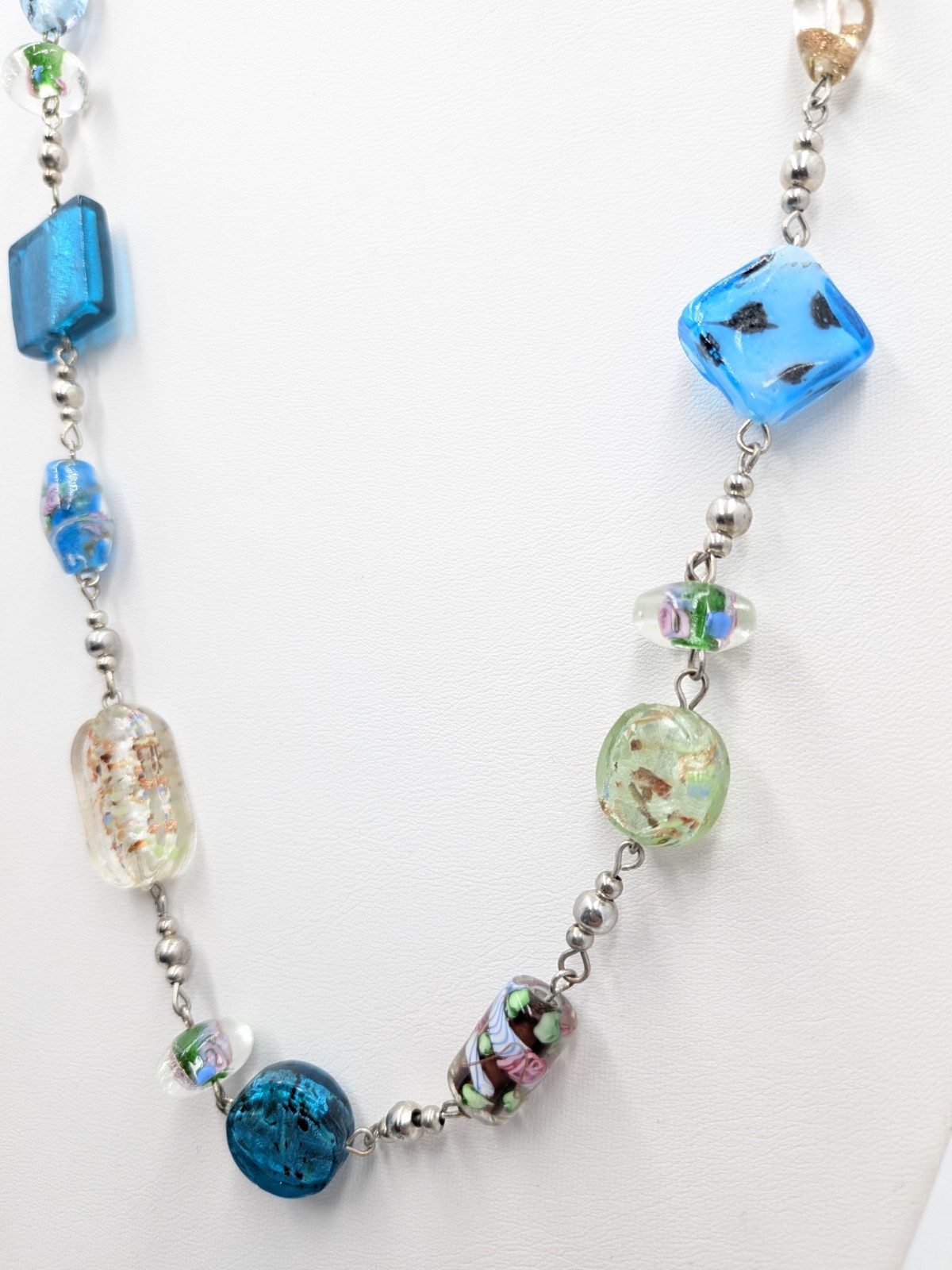 Premier Designs Necklace 35 in Colorful Art Glass Silver Tone Long Bead Strand