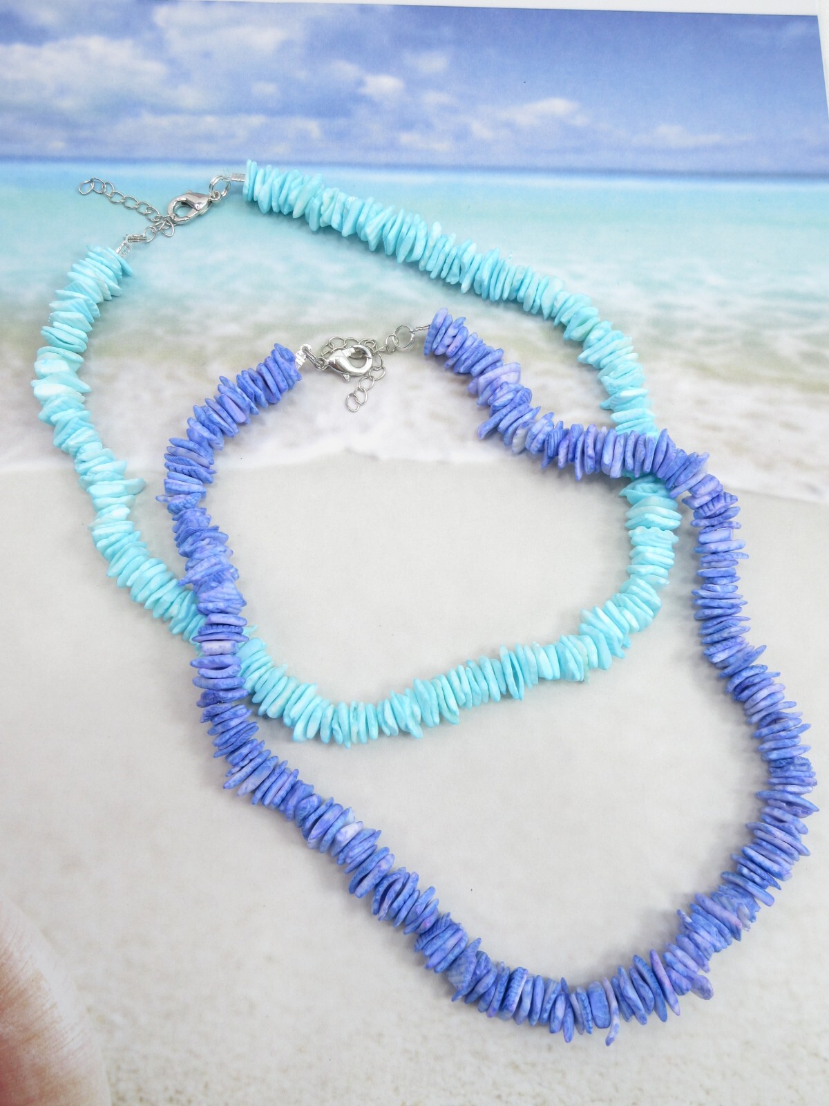 Puka Shell Necklace Choker Women Men Blue Hawaiian Sea Surfer Beach 18in Long
