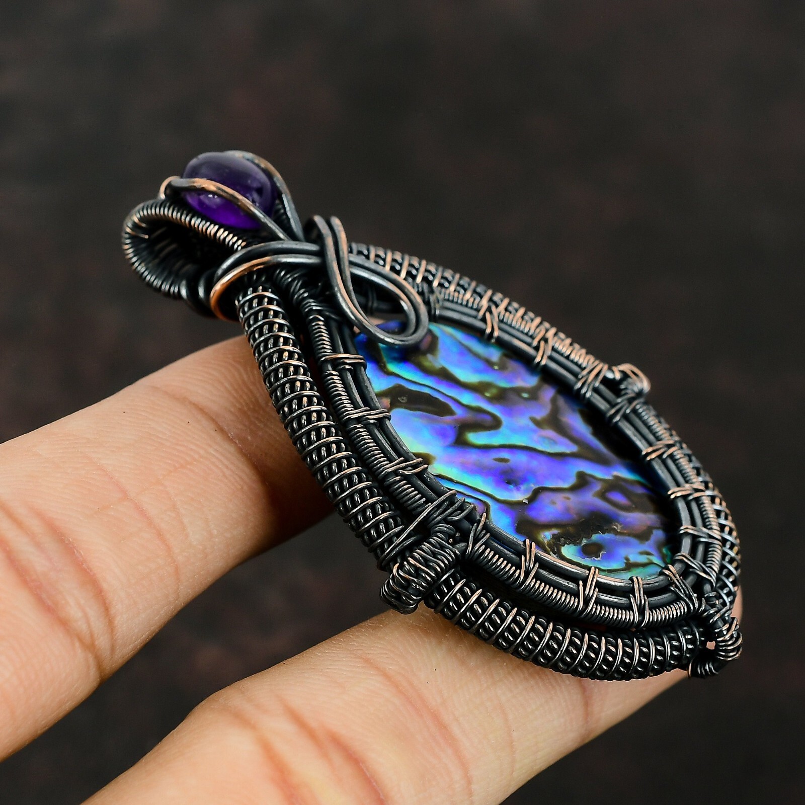 Abalone Shell Wire Wrapped Pendant Handcrafted Copper Holiday Jewelry 2.6″