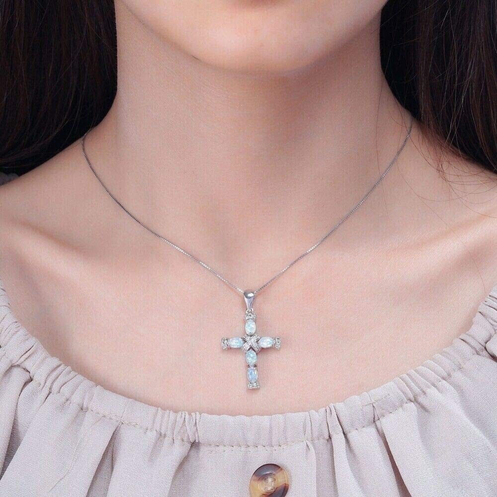 Hawaii White Fire Opal Cross Necklace pendants Silver Filled Women Girls Charm