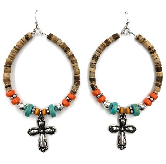 Multicolor Beaded Hoop Dangle/Drop Hook Earrings Cross Theme Round No Stone