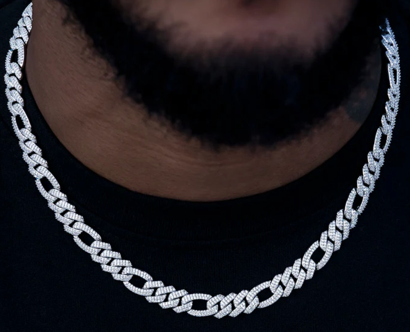 The GLD Shop – Iced Figaro Necklace, 10mm, 18”, white gold PLATED