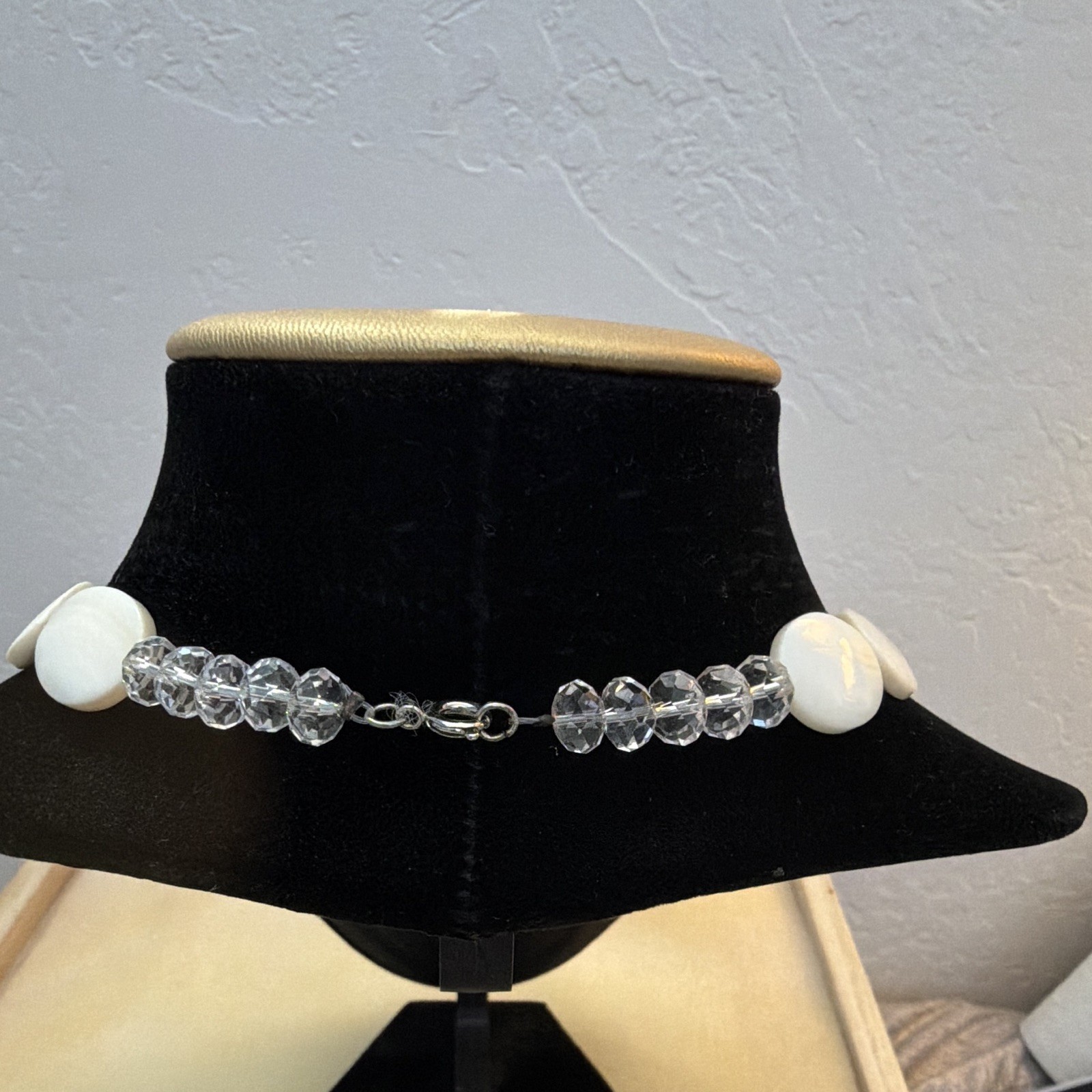 White Oval Mother OF Pearl Necklace with Clear crytal Beads, Lobster Clasp Chain