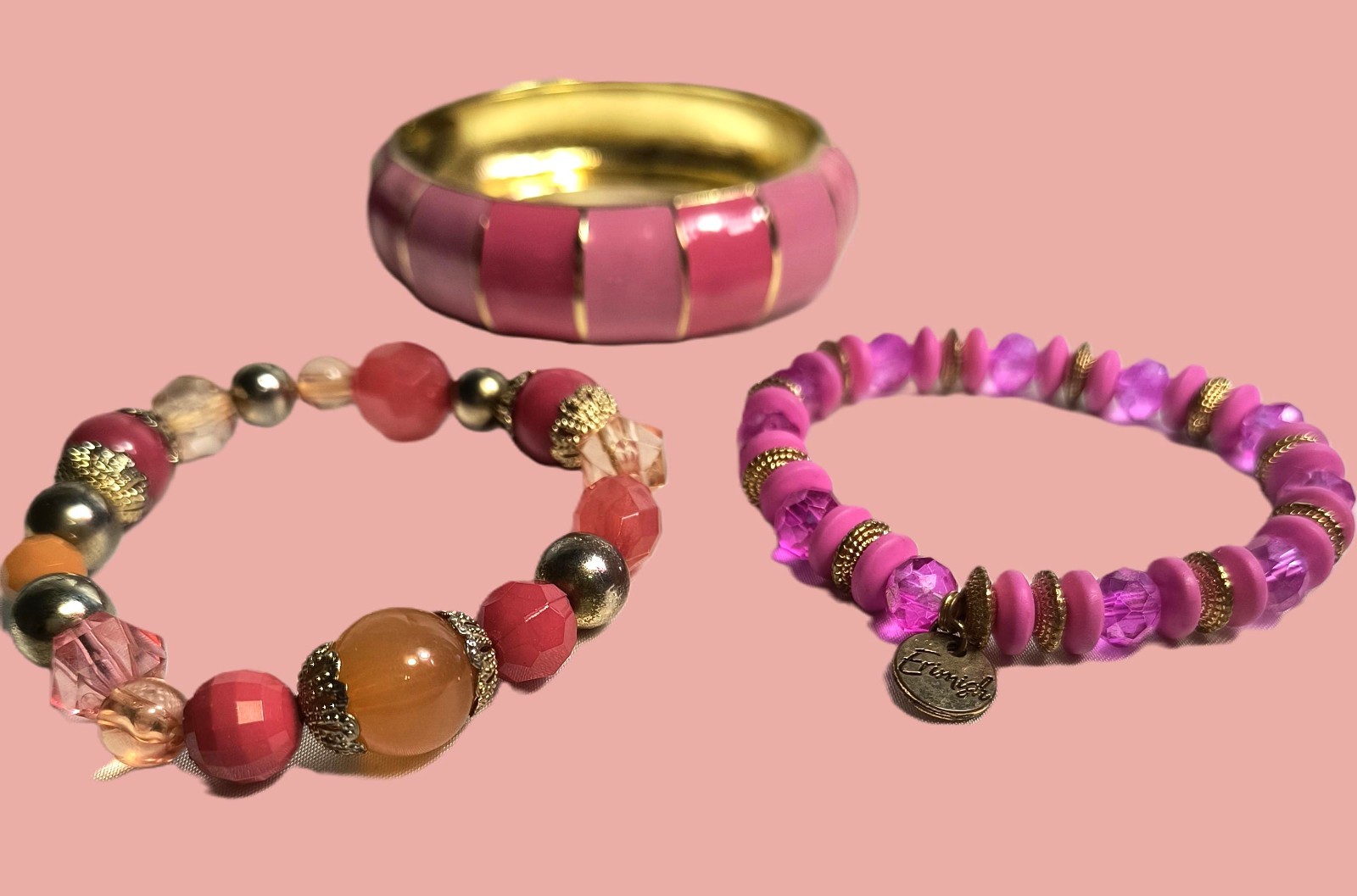 Love Pink! 3 Bracelets Multishades of Pink 1 Bangle 2 Stretch 1 Erimish Charm