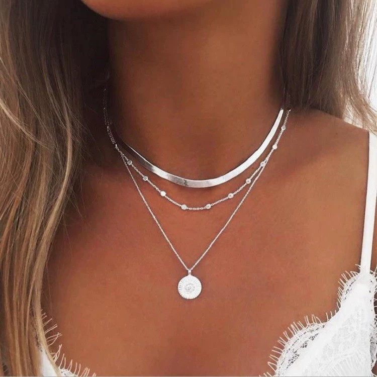 Simple Multi Layered Pendant Necklace Beads Decor Round Piece Chain Trendy