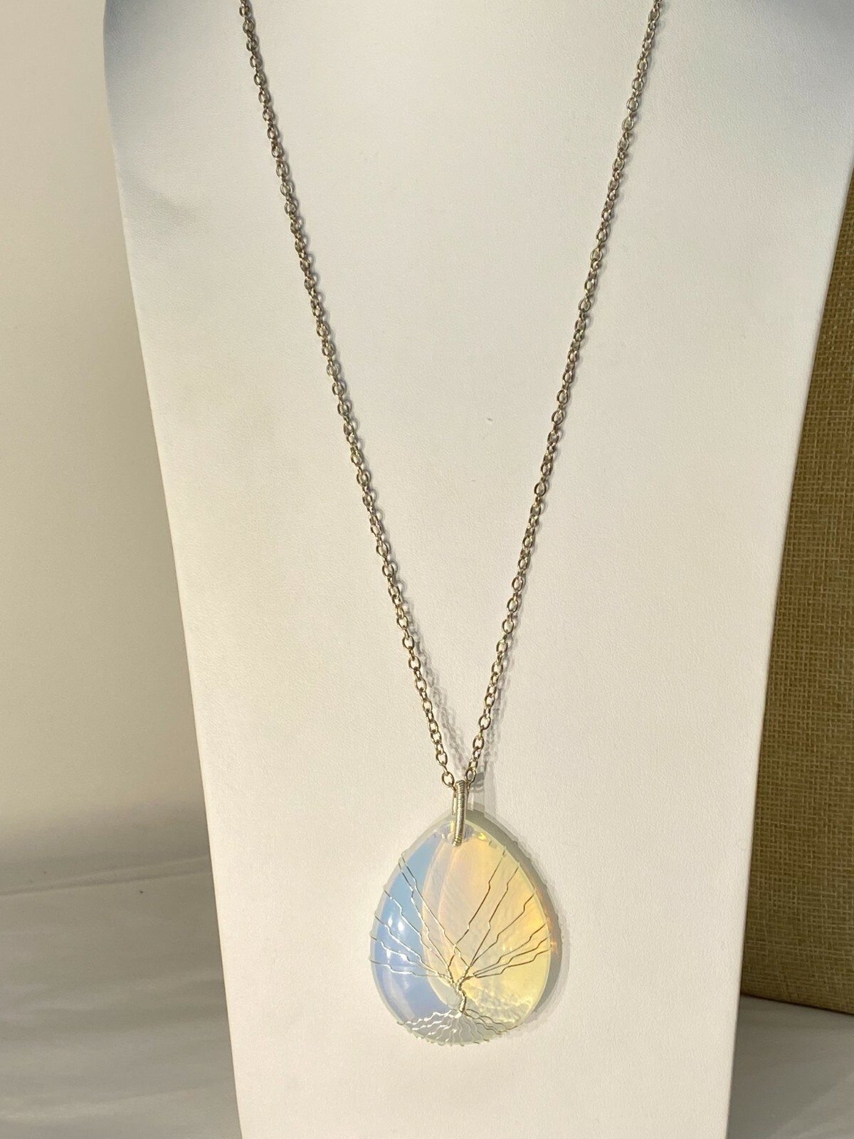 Beautiful Silvertone Wire-Wrapped Milky Blue Glass Tree Pendant 24″ Necklace