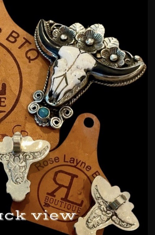 Western bone Steer Skull with Floral accent with Turquoise necklace slide