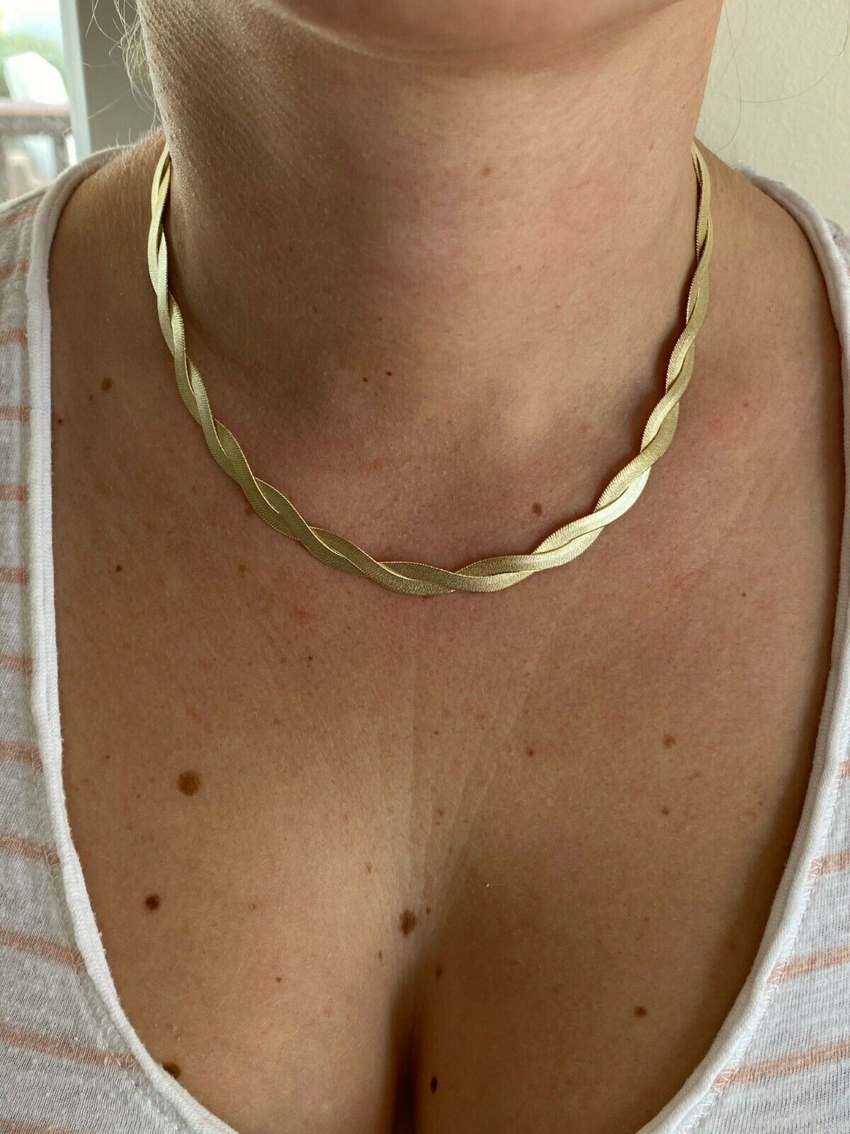 14k Gold Plated Solid 925 Silver Twisted Braided Herringbone Necklace 16-20″