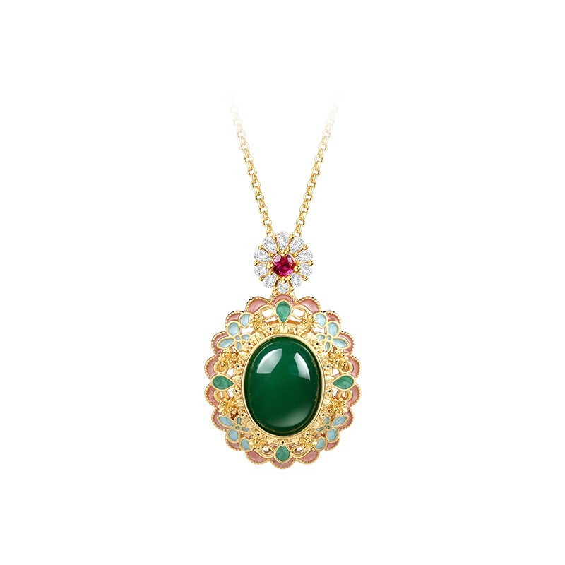 Jade Crystal Pendant Necklace Charm 18K Gold Plated Flower Retro Dainty Gemstone
