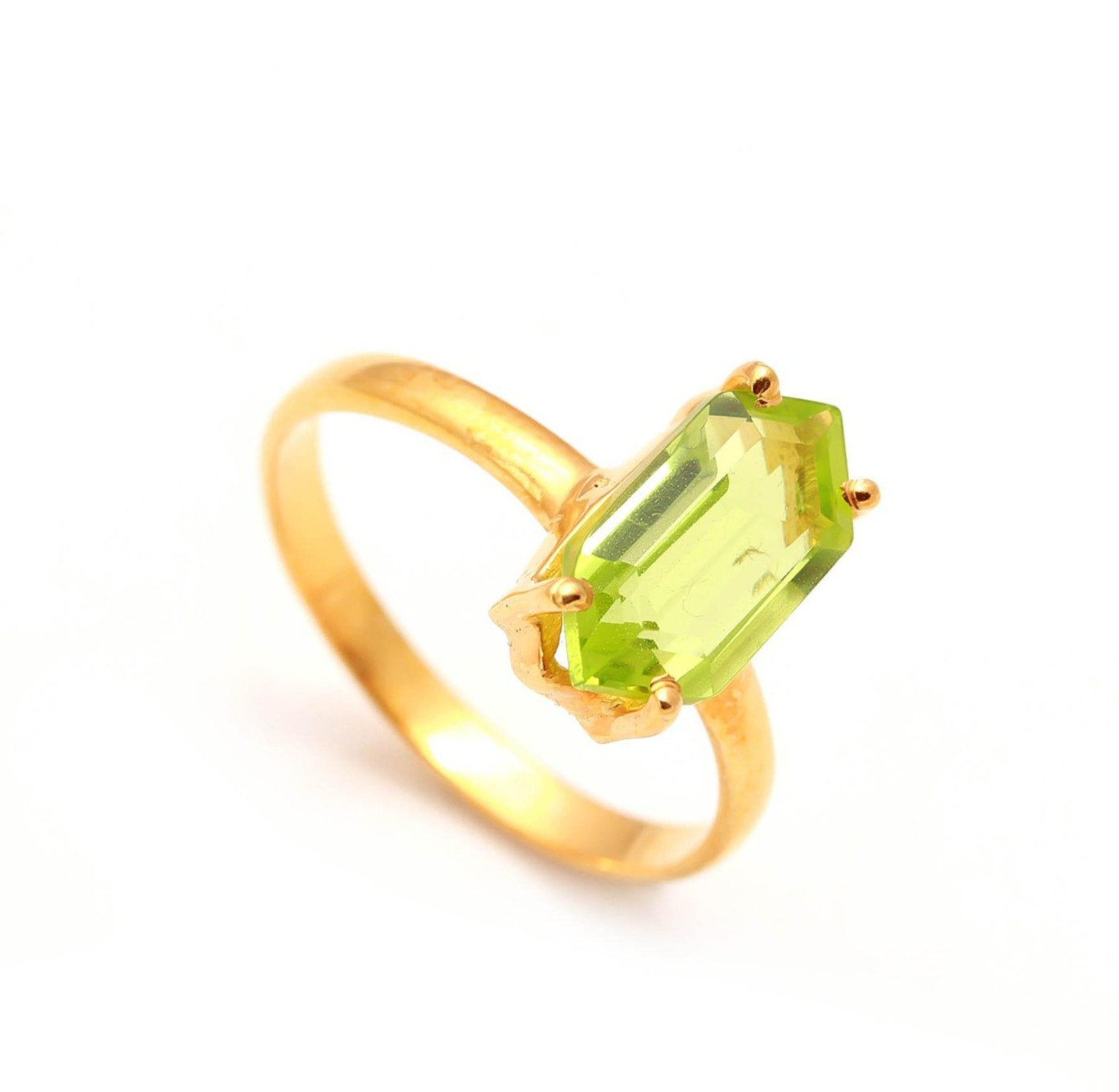 Natural Green Peridot Hexagon Ring 925 Sterling Silver Gold Plated Jewelry