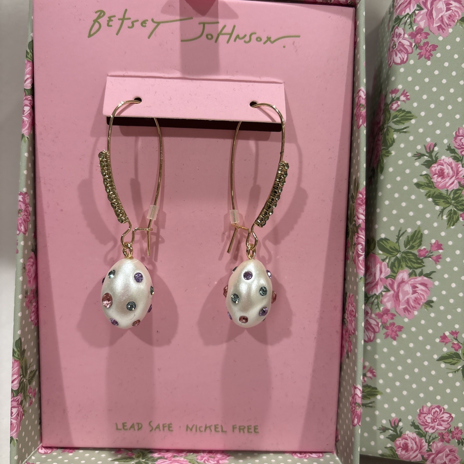 Betsey Johnson Pearlescent Spring Easter Egg Drop Earrings,NEW IN BOX