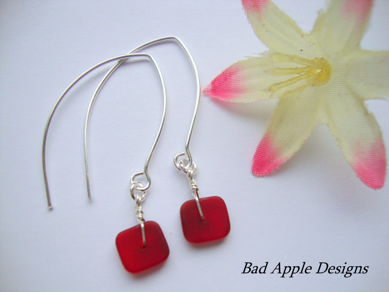 Flat, Forward-Facing, Dainty Frosted Sea Glass Silver Marquise Style Earrings