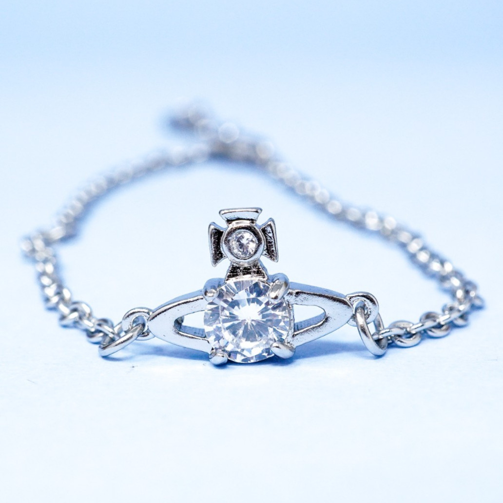 Vivienne Westwood Bracelet Silver, Small Orb Charm & White Crystals & Gift Box