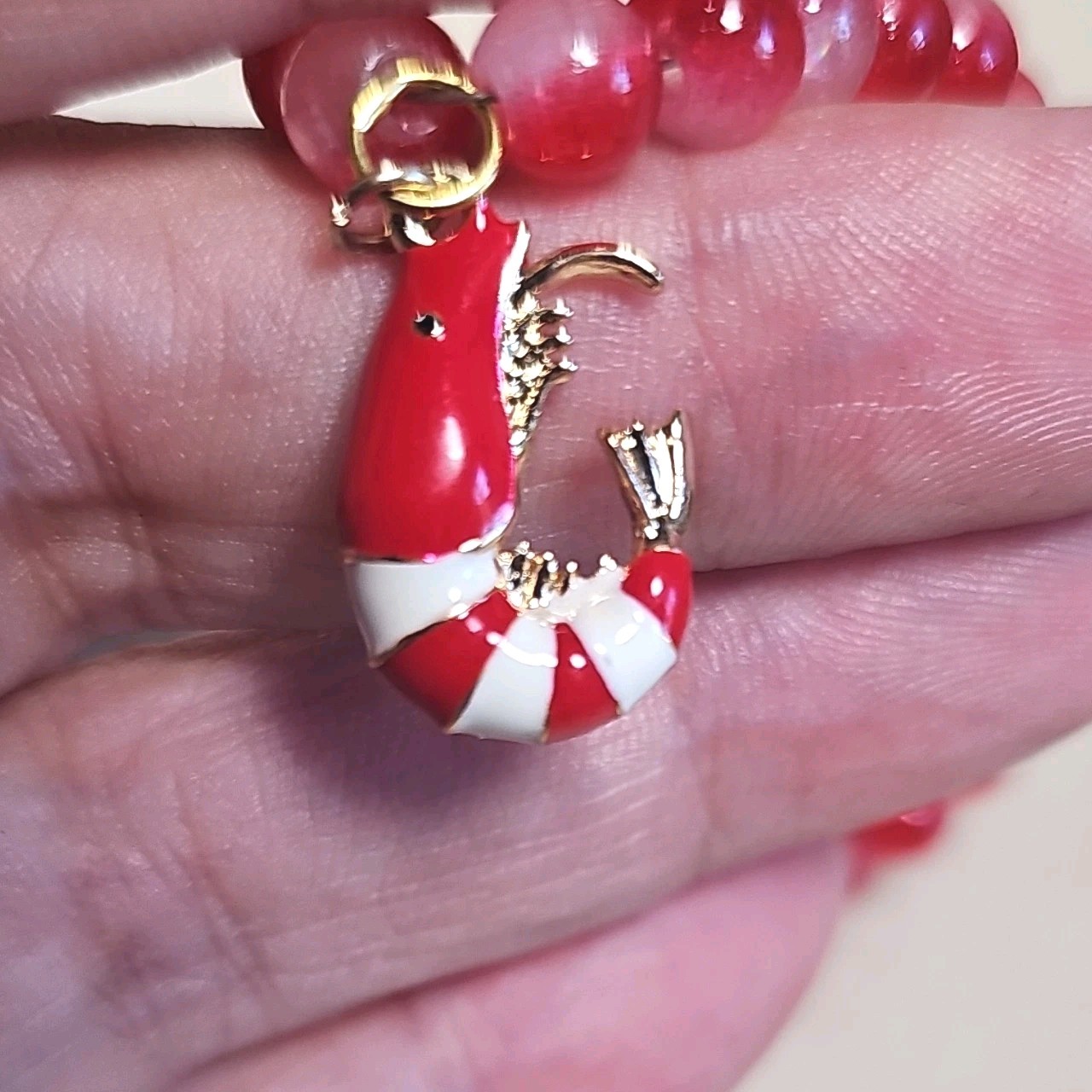 Enamel Shrimp Charm Red Glass Beaded Necklace Sea Theme Pendant Lobster Clasp