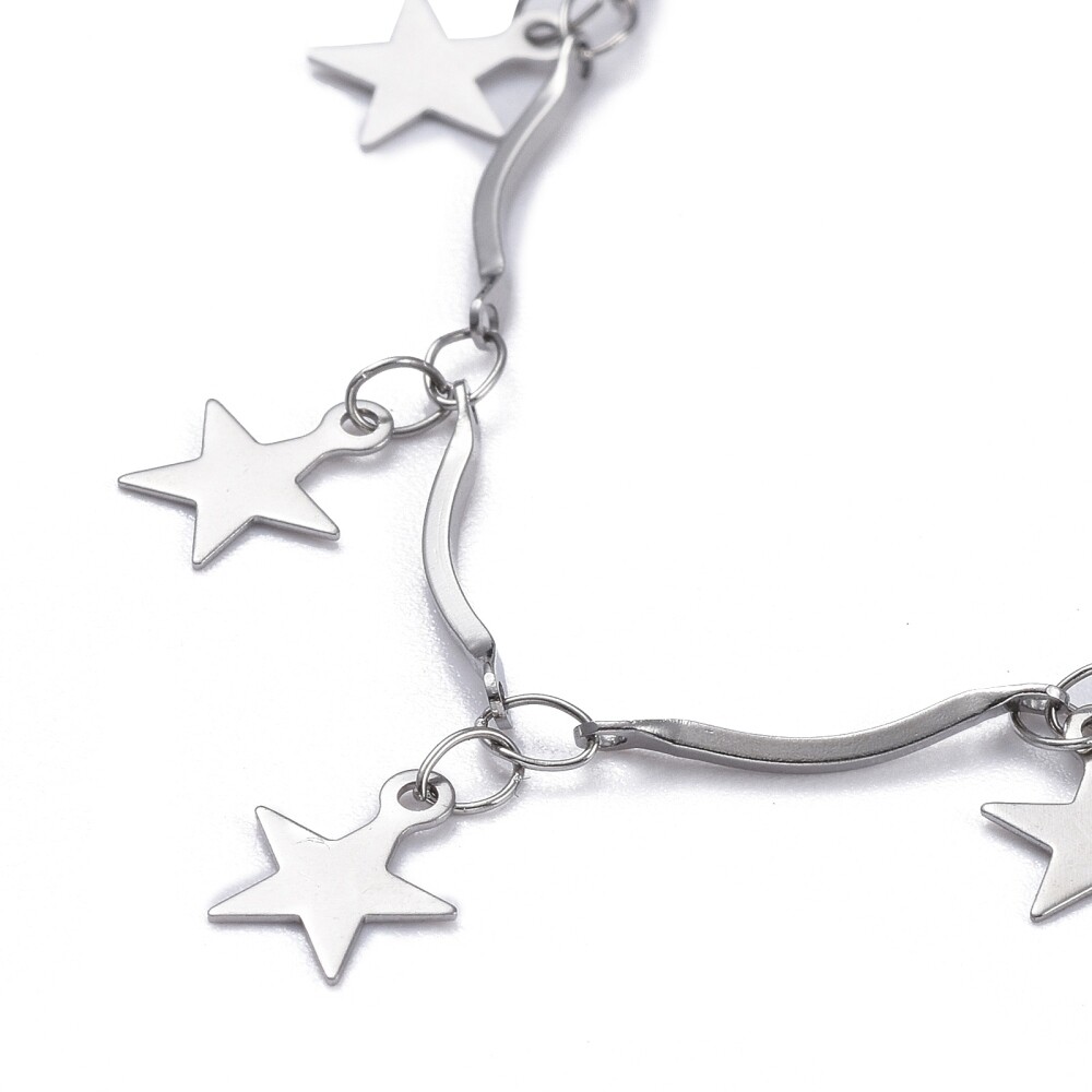 Stainless Steel Bar Chain Anklet Bracelet Star Charms Lobster Silver 9.6″ Z10