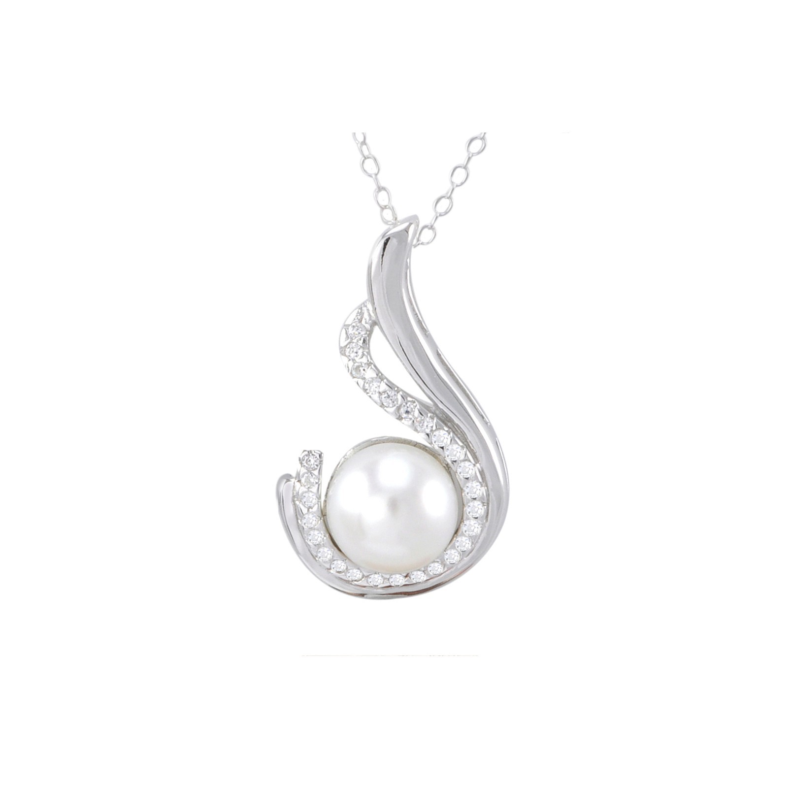 White Freshwater Pearl Necklace Fancy White CZ Design Sterling Silver, 18″ Chain