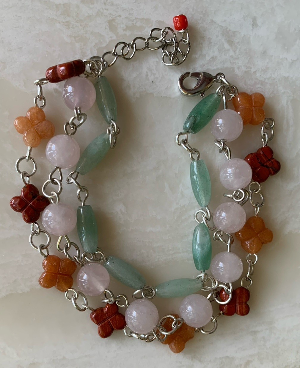 Silver-Tone Rose Quartz Aventurine Carnelian Jasper Gemstone 7”