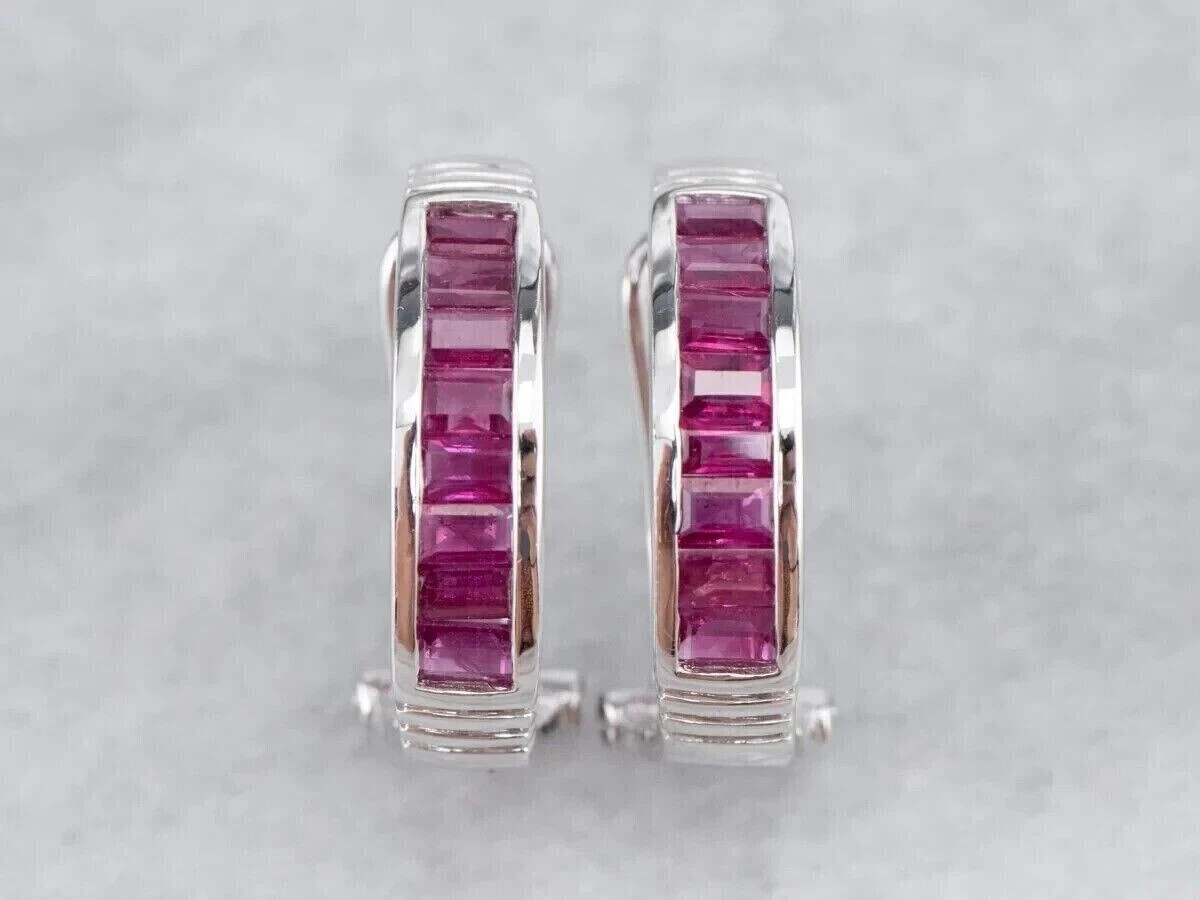 2Ct Baguette Cut Simulated Pink Ruby Huggie Hoop Earrings 14K White Gold Plated