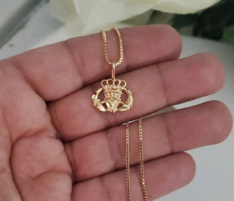 Gold Claddagh Necklace, 14k Heavy Plated Gold, 1mm Box Chain