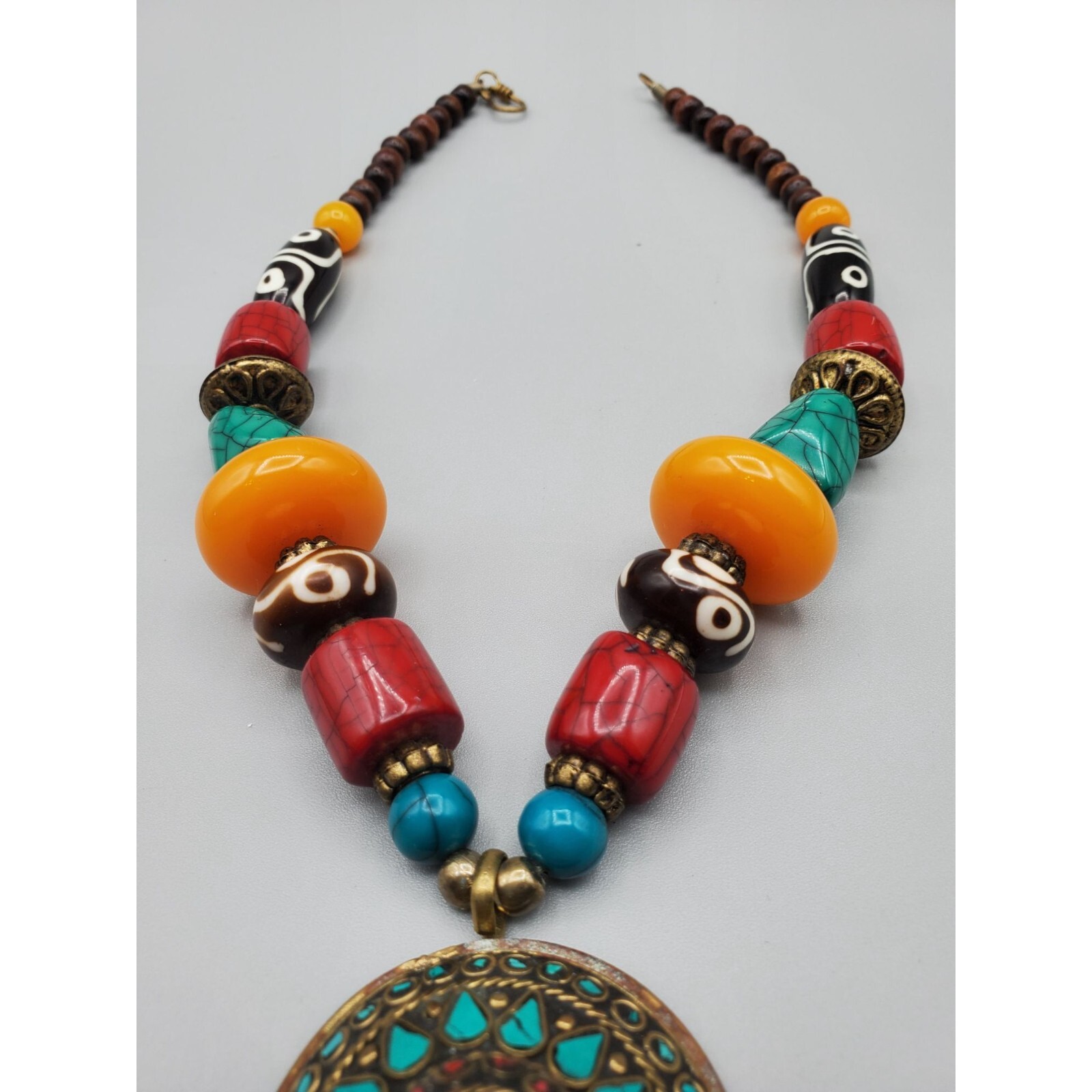 Multi color shape beaded Blue enamel dome statement pendant necklace 20″