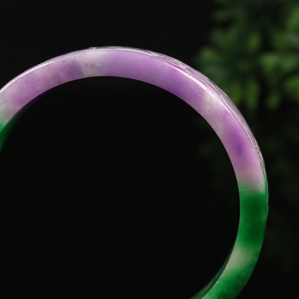 60mm Lavender Purple Green Jadeite Jade Bangle Bracelet Ruyi Flower Bat A-15045