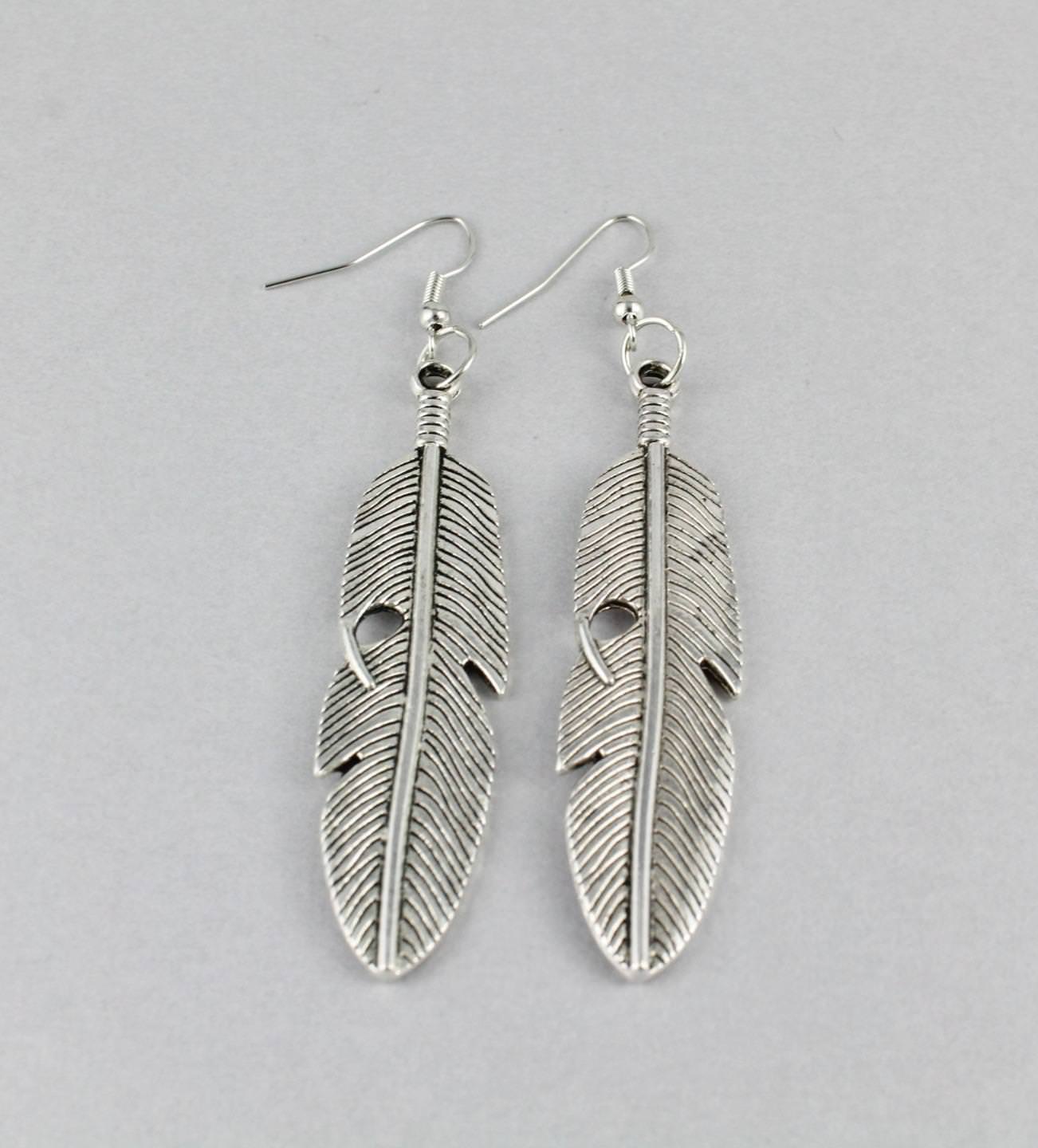 Silver feather earrings dangle metal feather textured 3.25″ long