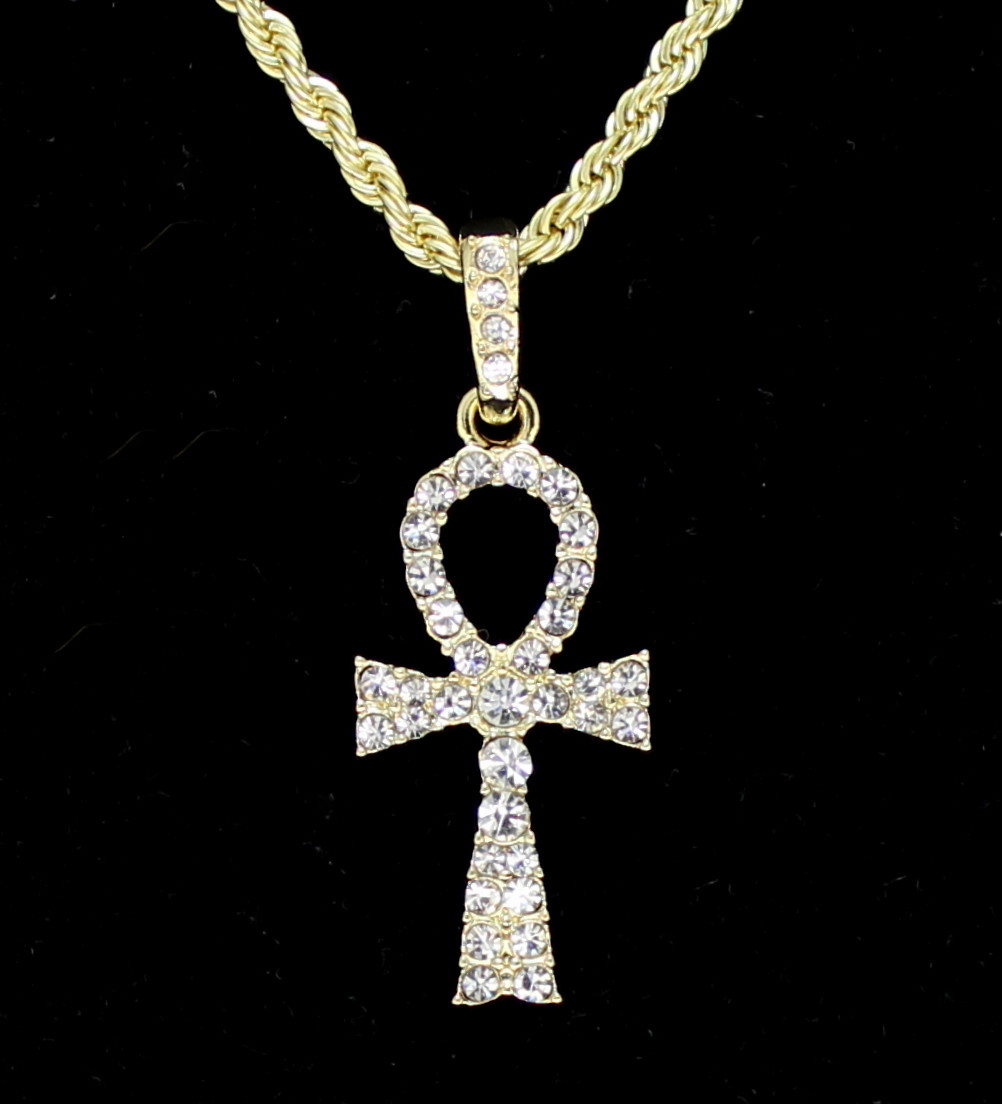 Ankh Pendant 14k Gold Plated iced Cz w/ 24″ Rope Chain Hip Hop Necklace