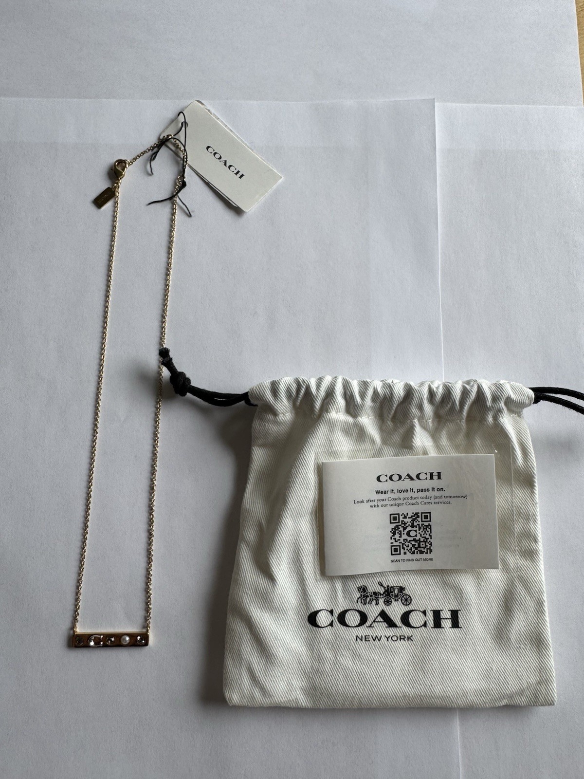 NEW Coach Gold Tone Bar Pendant Necklace Clear Crystal & Pearl Cable Chain
