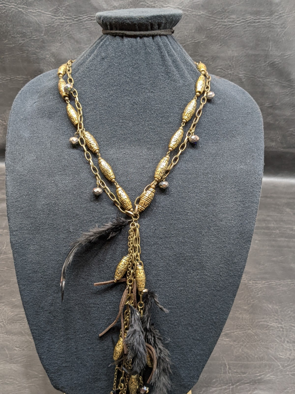 Boho Tribal Feather Barrel Necklace Brass Tone Tassel Statement Festival