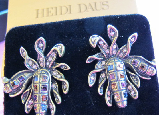 HEIDI DAUS® EARRINGS~REDUCED CLIPS “Candy Corn” PURPLE SWAROVSKI~NEW~NIB~FREE H