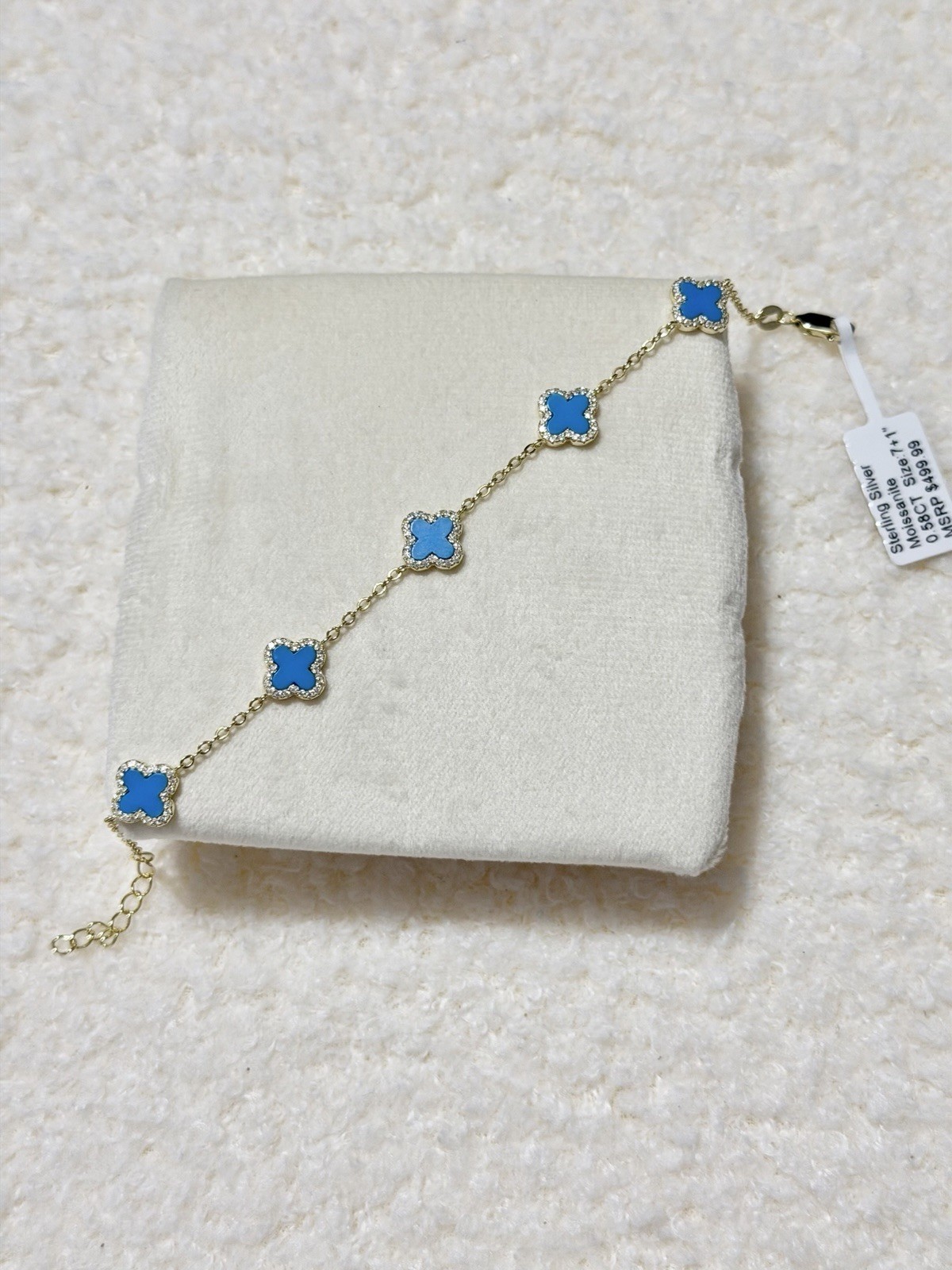 925 Sterling Silver Gold Over Bracelet Blue Clover Moissanite 7-8in Lobster