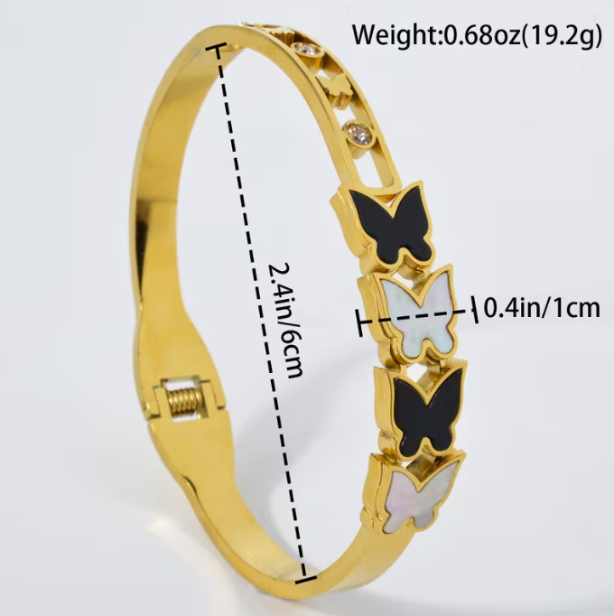 Exquisite Geometric Black and White Butterfly-Accented Stainless Steel Bracelet