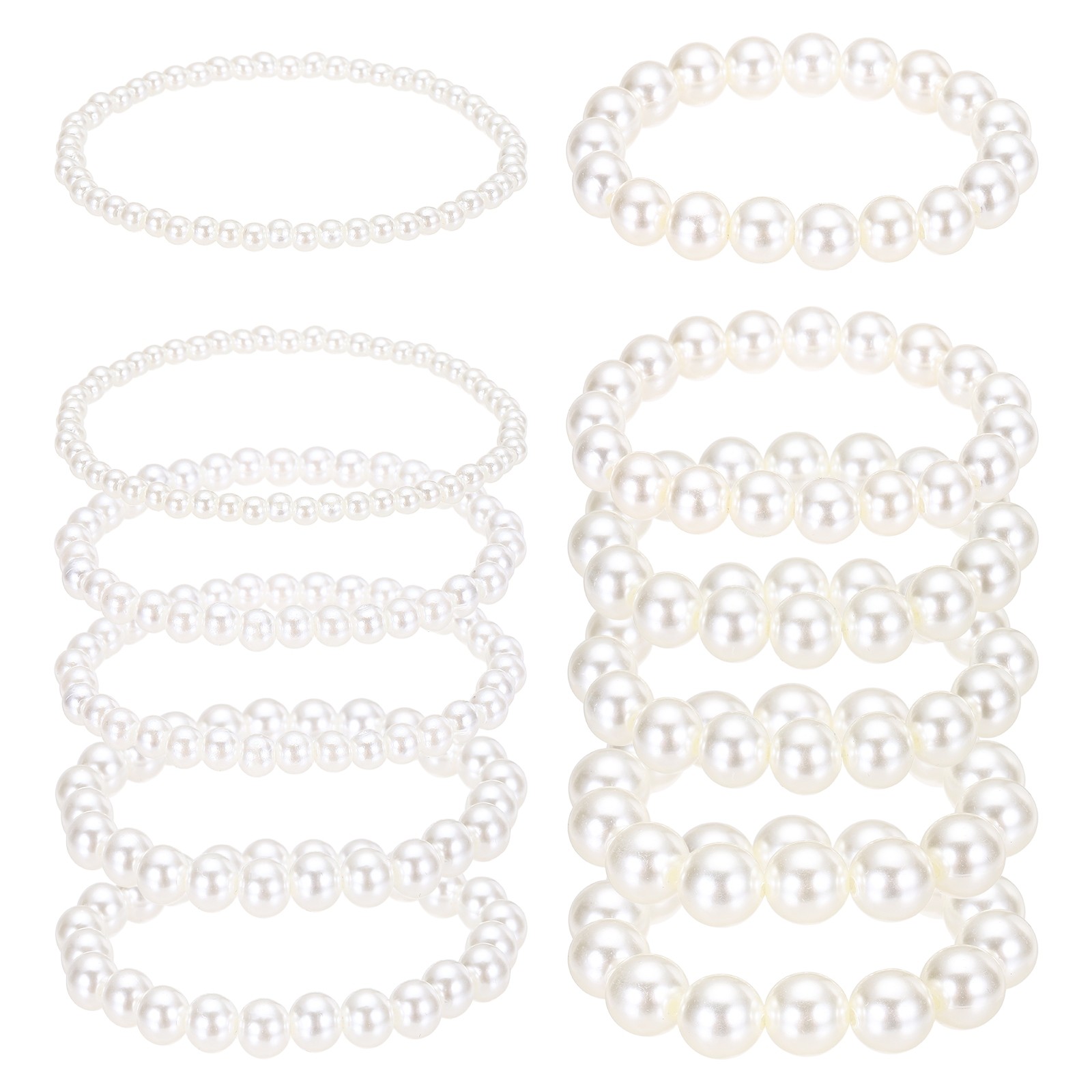 12 Pcs White Pearl Bracelets for Women, Layered Pearl Stretch Bracelet, Beige