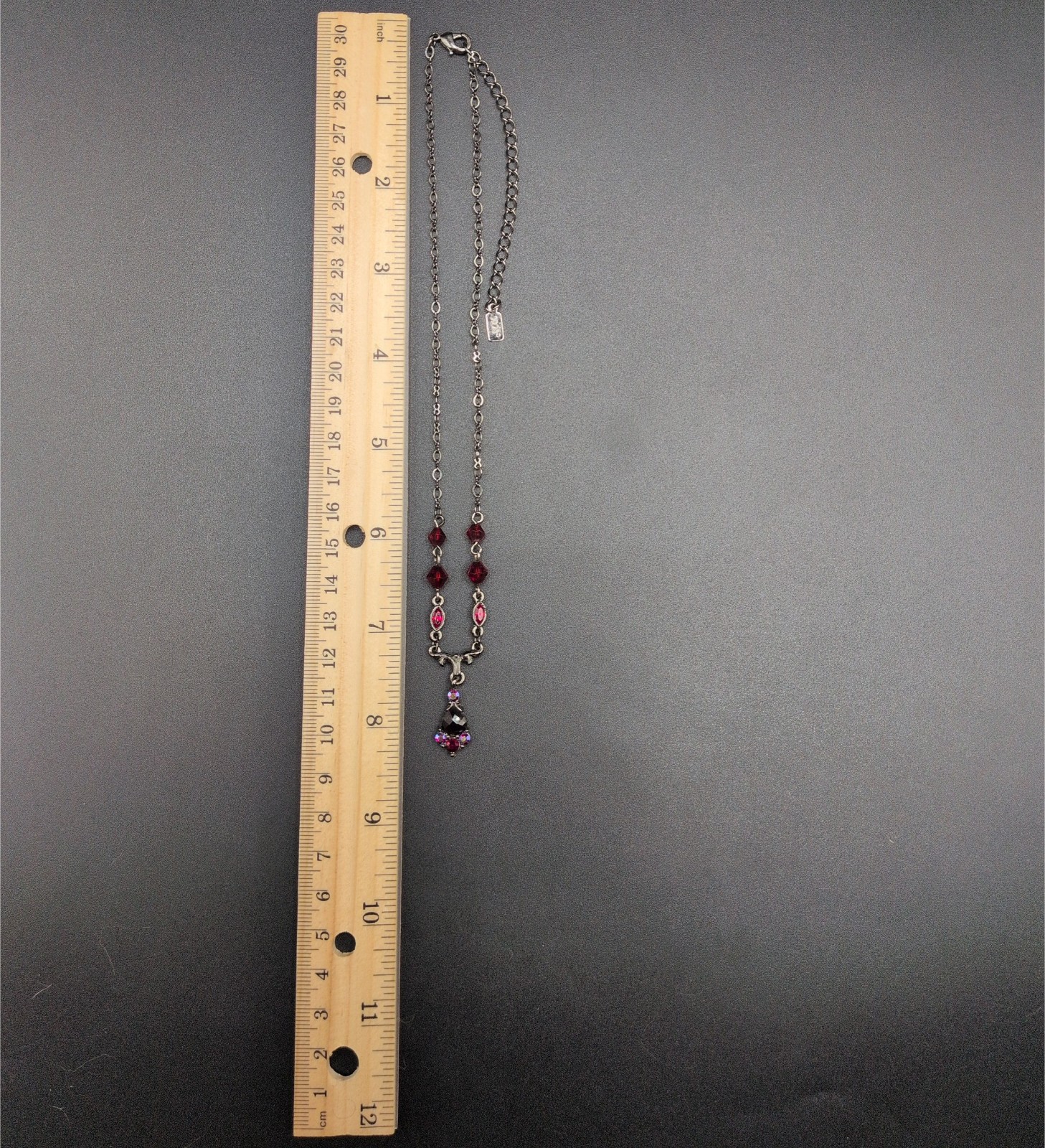 Necklace 1928 Gunmetal Silver Tone Y-Drop Red Beads Aurora Borealis Rhinestones