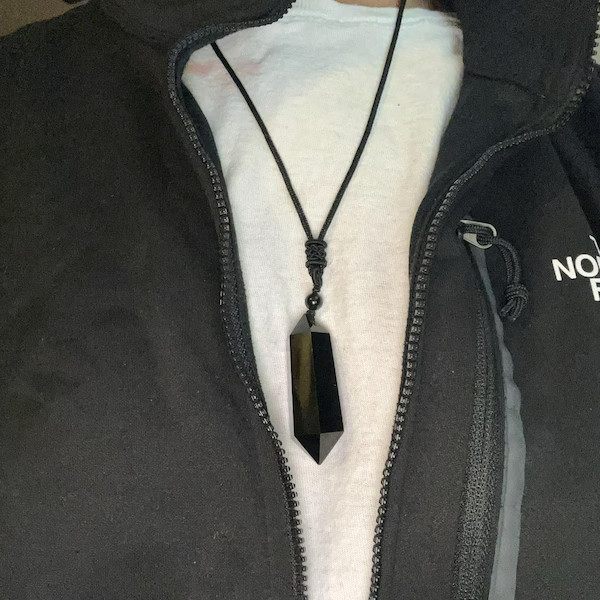 Black Obsidian Stone Crystal Points Pendant Healing Amulet Unisex Necklace Gift