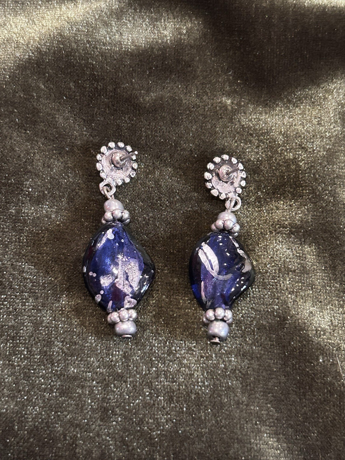 Blue Glass Oval Bead Dangle Drop Hook Earrings Silver Tone For Lobe